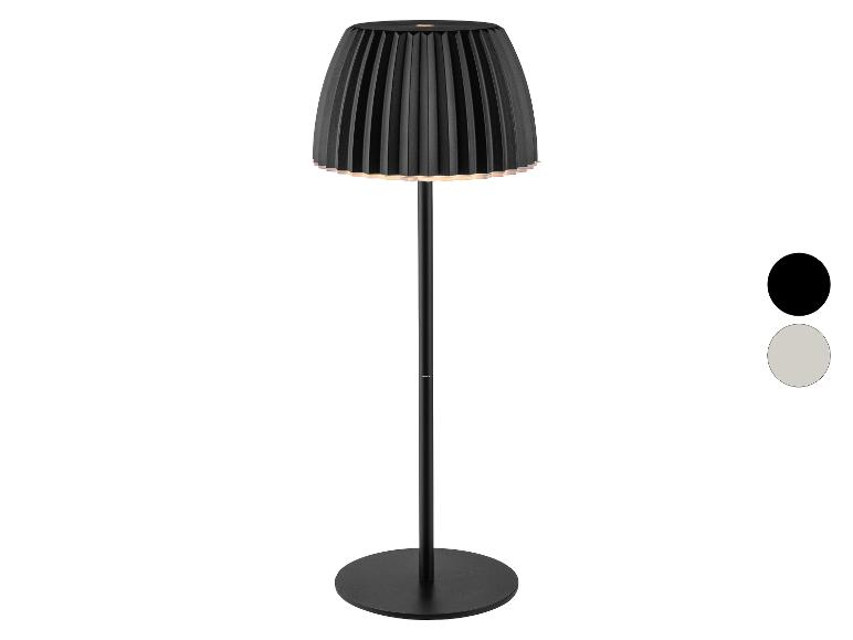 Čierna plisovaná stolová lampa s okrúhlou základňou, zobrazená s farebnými možnosťami.