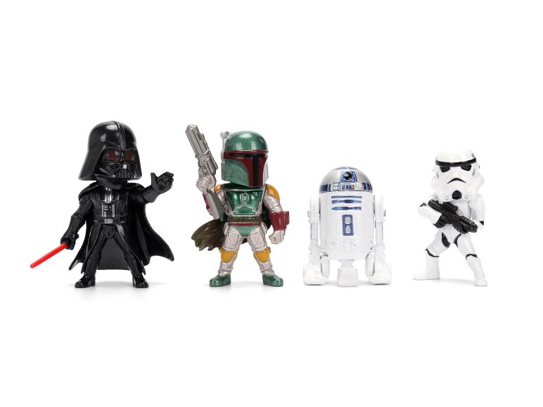 Štyri figúrky Star Wars: Darth Vader, Boba Fett, R2-D2 a Stormtrooper.