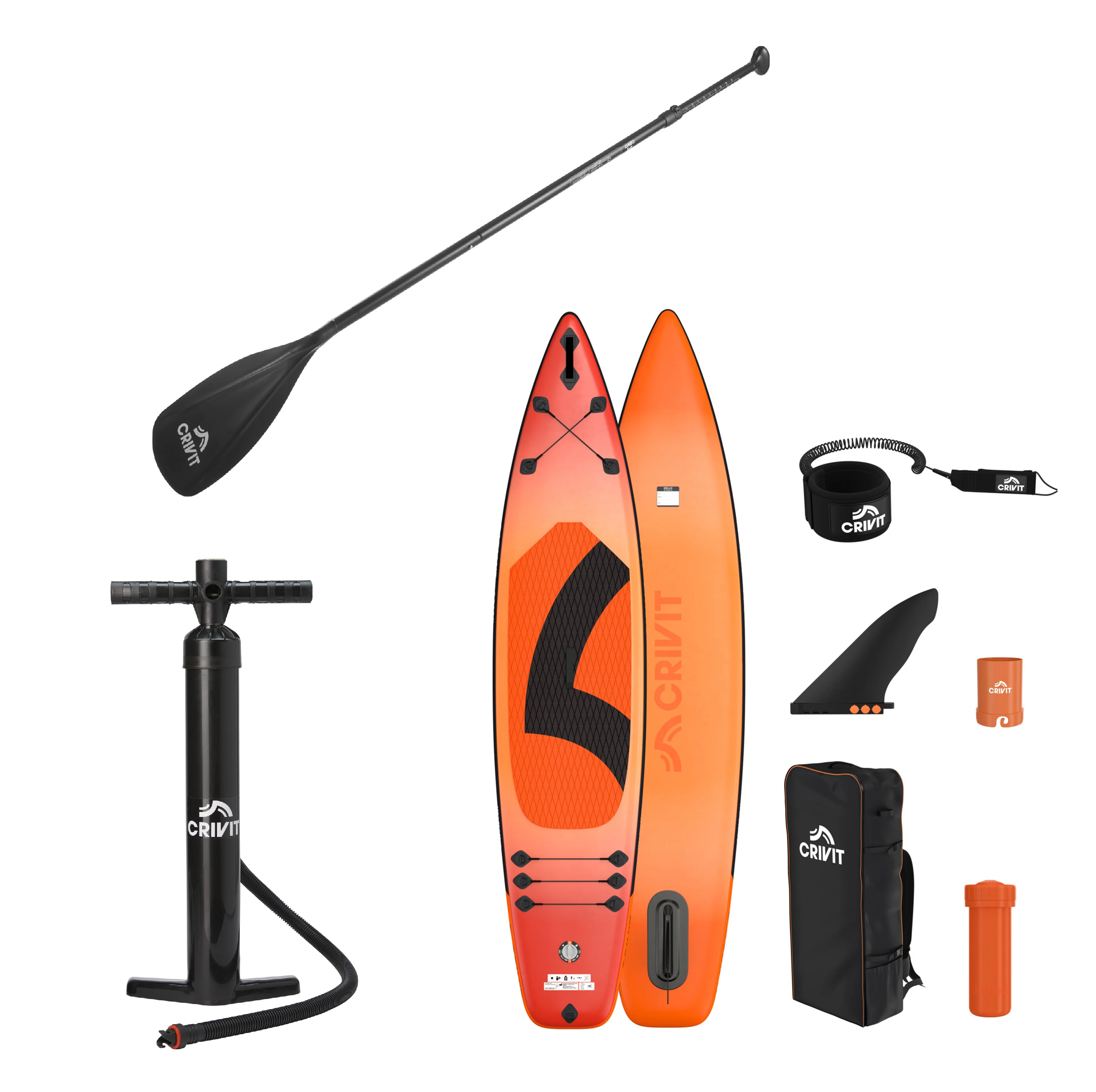 CRIVIT Jednokomorový paddleboard Touring + Pumpa na paddleboard + Pádlo na paddleboard