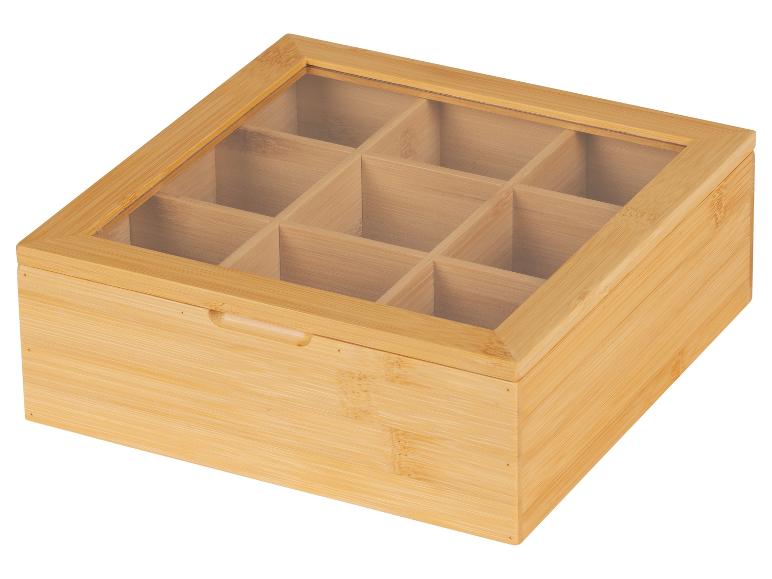 Bambusová dóza na čaj so skleneným vekom, viaceré priehradky.