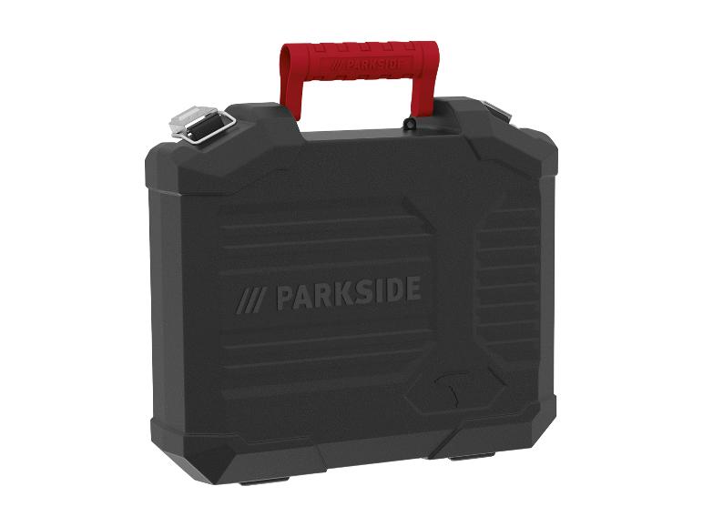 Čierny kufor na náradie Parkside s červenou rukoväťou.