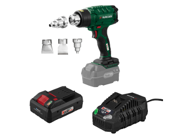 PARKSIDE® Aku teplovzdušná pištoľ PHLGA 20-Li C2 + Smart akumulátor 20 V/4 Ah + Rýchlonabíjačka akumulátora 20 V/4,5 A