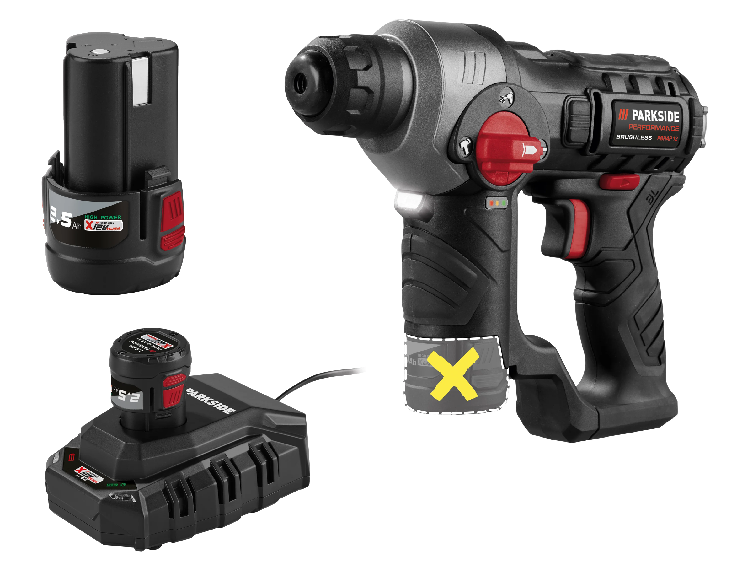 PARKSIDE PERFORMANCE® Aku vŕtacie kladivo 12 V PBHAP 12 A1 + Akumulátor 12 V/2,5 Ah, 2 kusy + Nabíjačka 6 A