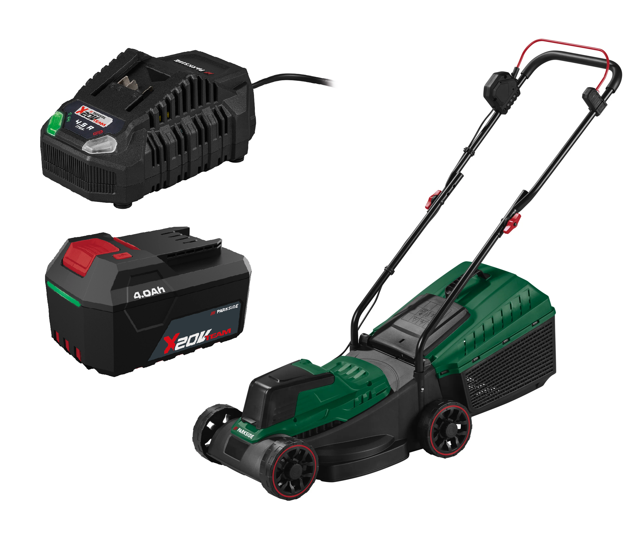 PARKSIDE® Aku kosačka na trávu 20 V PARM 20 A1 + Rýchlonabíjačka akumulátora 20 V/4,5 A + Akumulátor 20 V/4 Ah