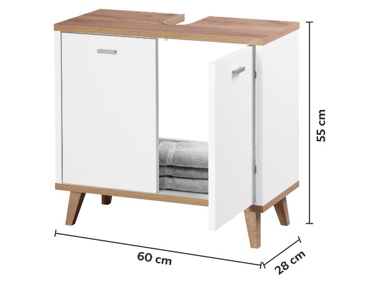 Biela a drevená kúpeľňová skrinka s dvoma dvierkami a naskladanými uterákmi.