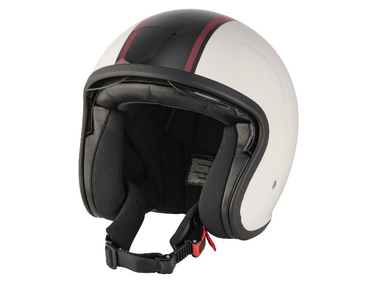 Biela motocyklová prilba s čiernym a červeným pruhom