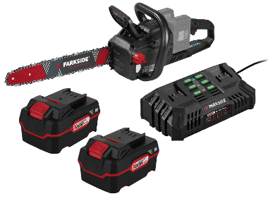 PARKSIDE PERFORMANCE® Aku reťazová píla PPKSA 40-Li B2 + Akumulátor 20 V/4 Ah, 2 kusy + Dvojitá nabíjačka na akumulátor 20 V/4,5 A
