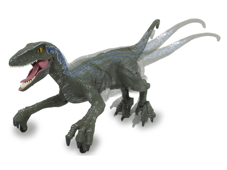 Hračka dinosaura velociraptora v zelenej a modrej farbe na kolieskach.