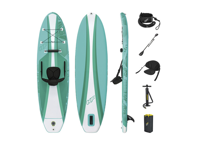 Nafukovací paddleboard GTF s príslušenstvom, vrátane pádla, pumpy, sedadla a prenosného vaku.
