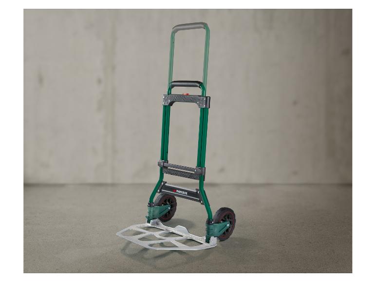 Skladací vozík Parkside na prepravu nákladu, zeleno-čierny, na sivom pozadí.