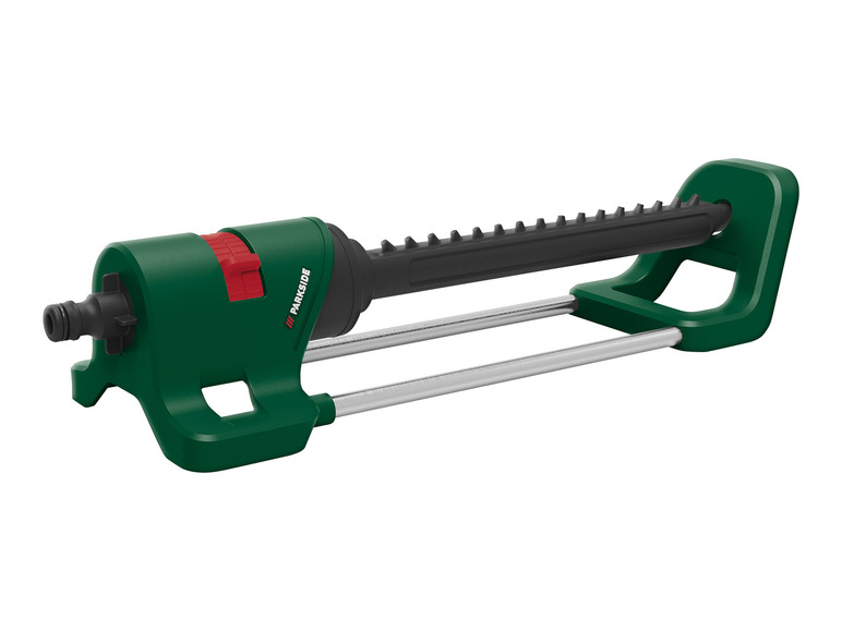 Zelená záhradná postrekovač Parkside s nastaviteľným rozsahom postreku.