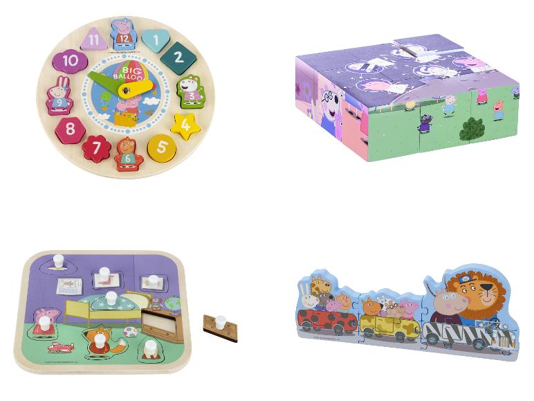 Drevené hračky Peppa Pig: hodiny, skladačka a vkladacia doska.