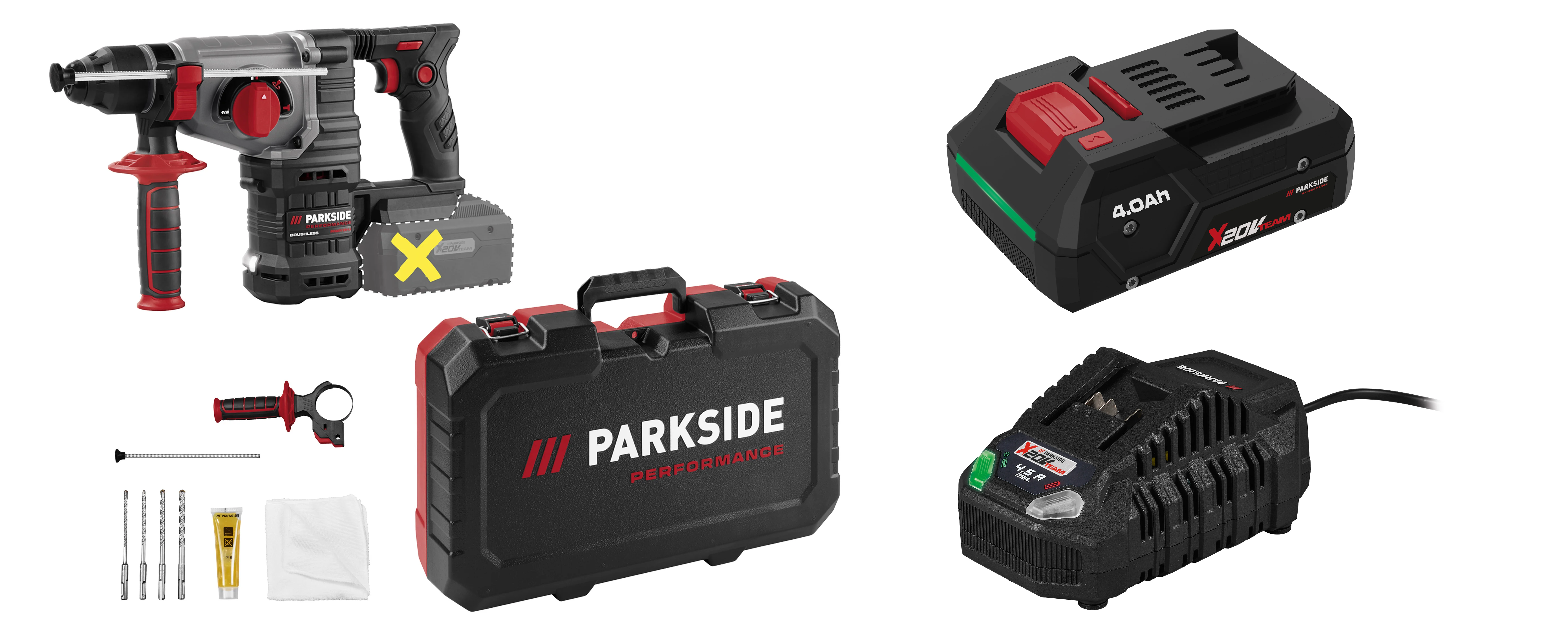 PARKSIDE® Aku kombinované kladivo PPAKH 20-Li A1 + Smart akumulátor 20 V/4 Ah PAPP 204 A1 + Rýchlonabíjačka 20 V/4,5 A PLG 20 C3
