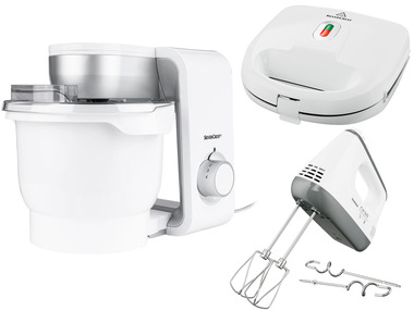 SILVERCREST® KITCHEN TOOLS Kuchynský robot SKM 550 B3 + Vaflovač SWEW 75 0 D2 + Ručný mixér, biela/strieborná