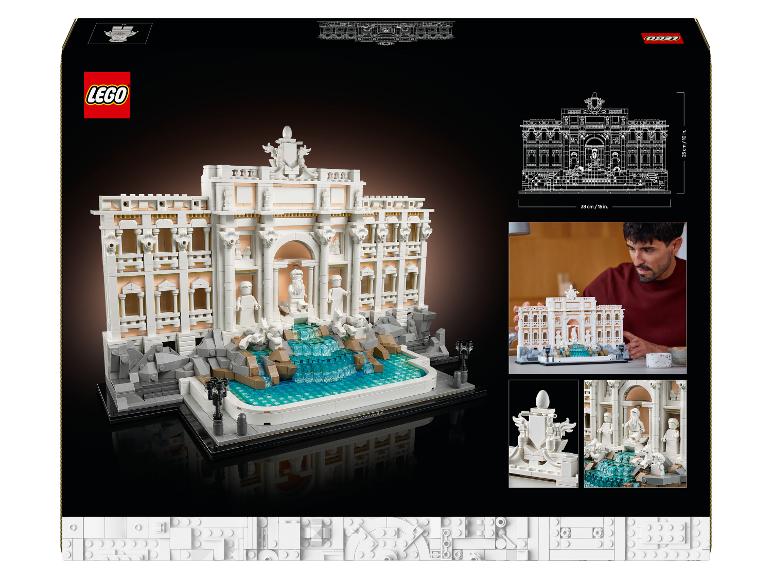 Súprava LEGO Architecture Fontána di Trevi na krabici, s rozmermi a detailmi.