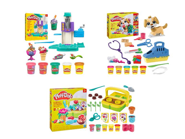 Súpravy Play-Doh s výrobníkom zmrzliny, veterinárnym lekárom a kvetinovou záhradou.