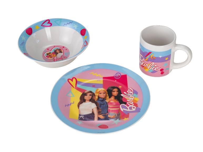 Barbie jedálenský set s tanierom, miskou a hrnčekom, s postavičkami a farebnými vzormi.