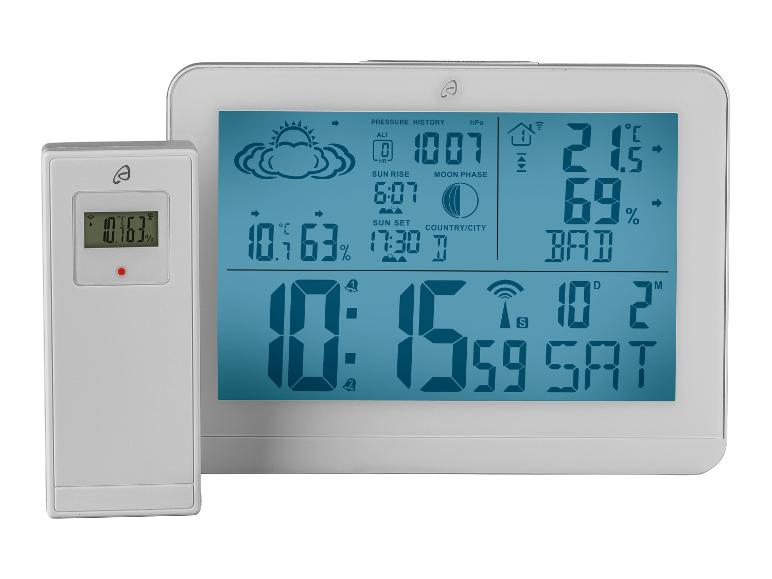 Digitálna sada meteorologických staníc s hodinkami, teplotou, vlhkosťou a ďalšími informáciami.
