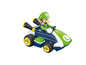 Luigi v modrom pretekárskom aute so zelenými prvkami.