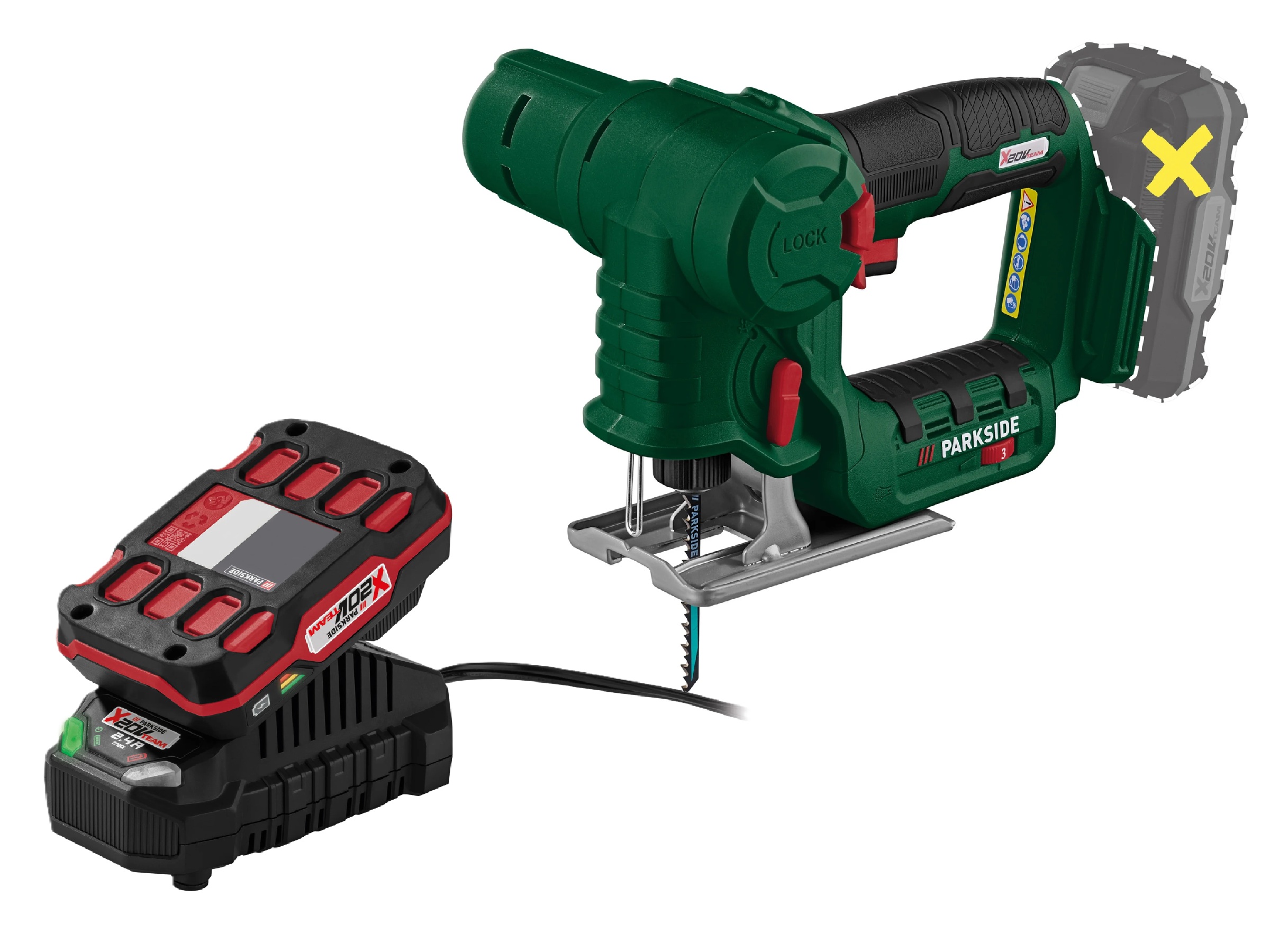 E-shop PARKSIDE® Aku priamočiara a chvostová píla PSSSA 20-Li B2 + Akumulátor 20 V 2 Ah + Nabíjačka 20 V 2,4 A
