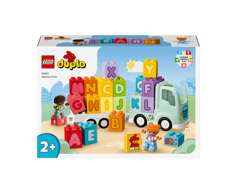 LEGO Duplo nákladné auto s abecednými kockami a dvoma figúrkami.