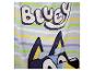 Uterák s postavičkou Bluey, farebnými pruhmi a slovom „Bluey“ navrchu.