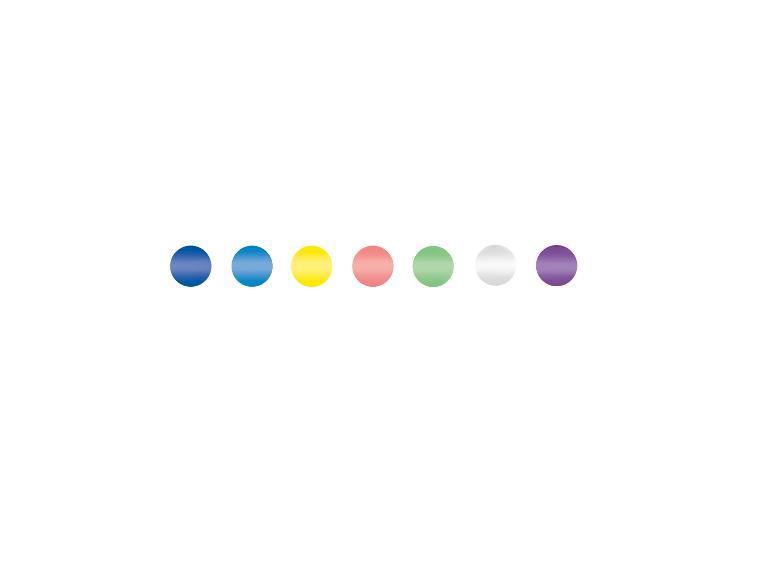 Rad šiestich farebných bodiek: modrá, svetlomodrá, žltá, ružová, zelená, biela a fialová.