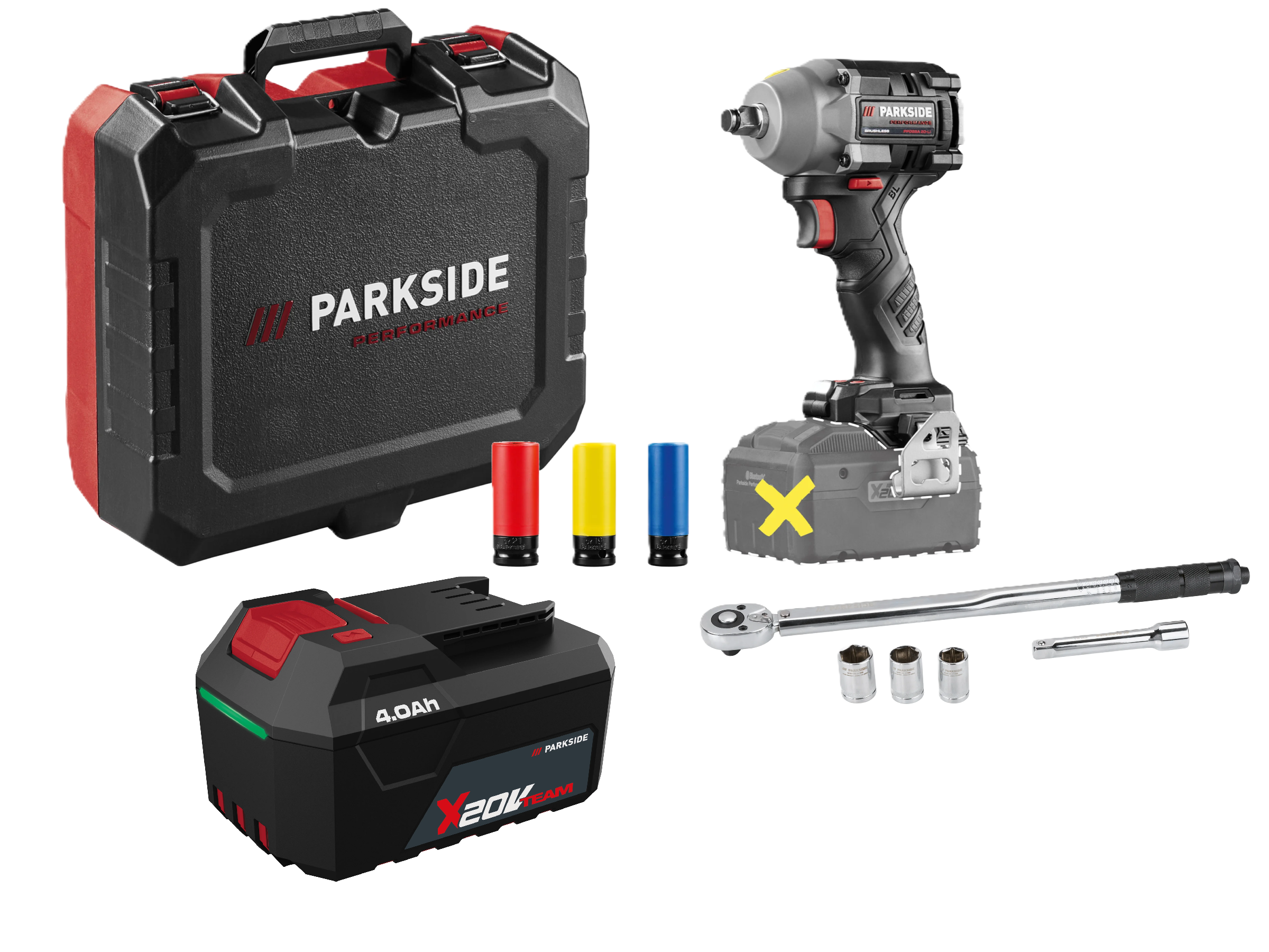 PARKSIDE PERFORMANCE® Aku rázový uťahovák PPDSSA 20-Li B2 + Akumulátor 20 V/4 Ah + Súprava momentových kľúčov, 12,5 mm