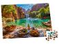 Puzzle s piknikovým stolom pri vodopáde a tyrkysovom jazere.