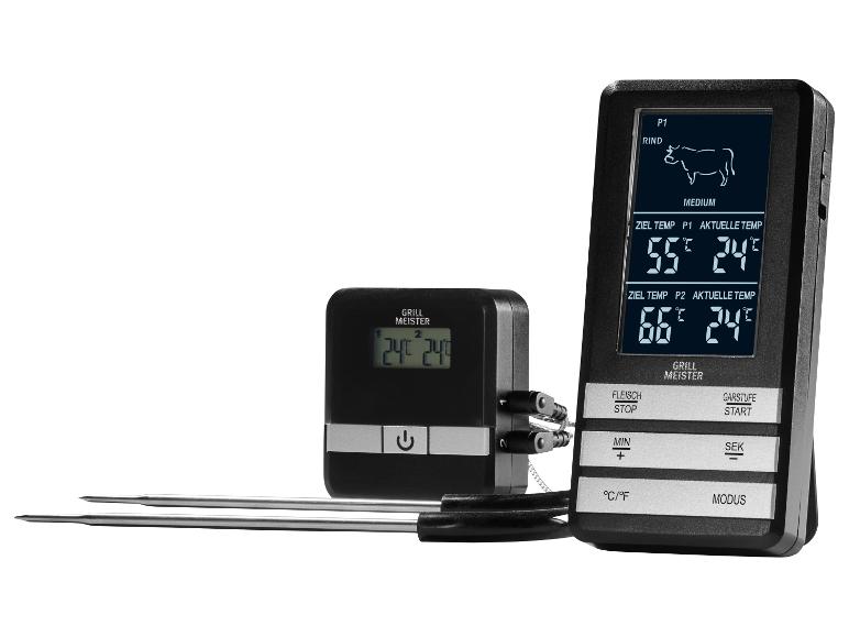 Digitálny teplomer na varenie Grill Meister s dvoma sondami a LCD obrazovkou.