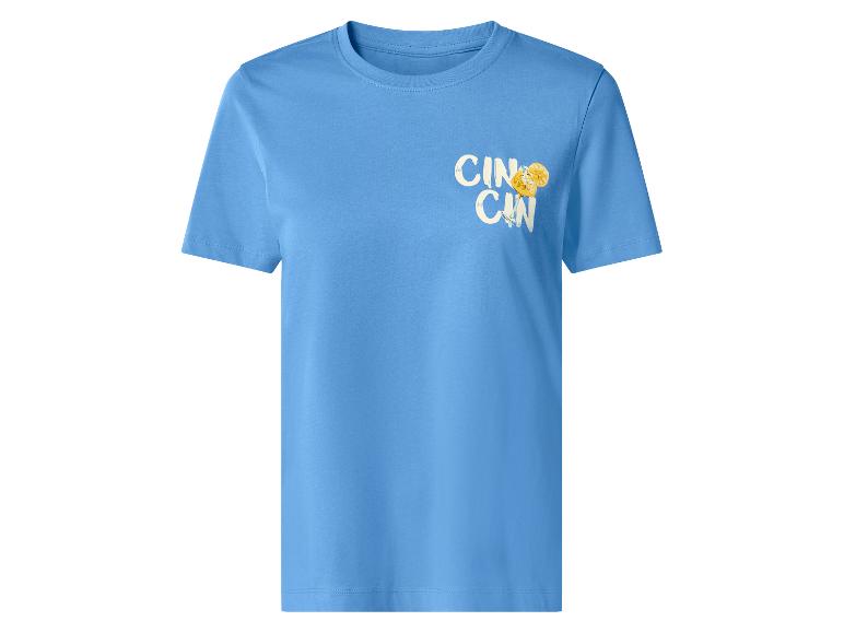 Modré tričko s krátkym rukávom s potlačou „CIN CIN“ a citrónovým koktailom.