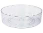 Priehľadná okrúhla úložná nádoba s rebrovaným dnom.