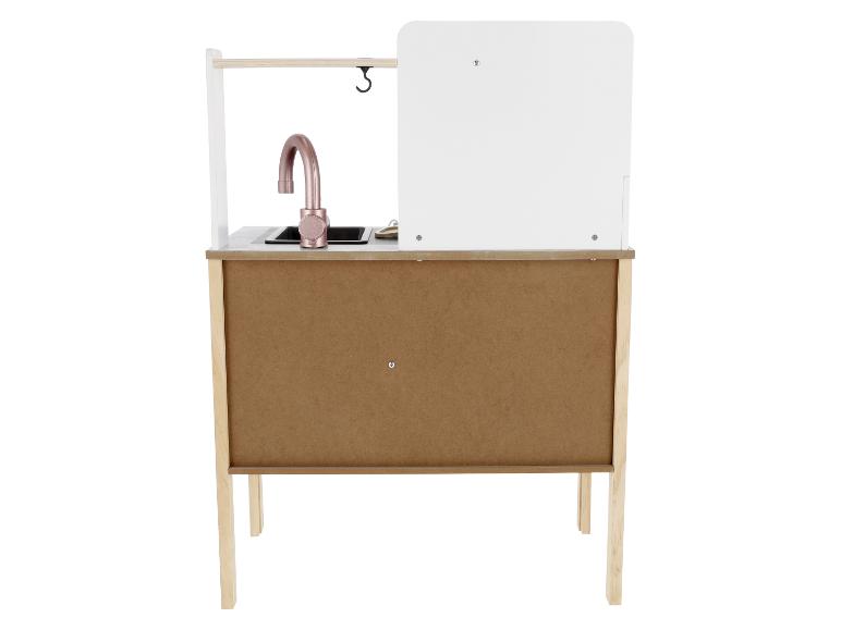 Drevený hrací drez s ružovým kohútikom a príslušenstvom.