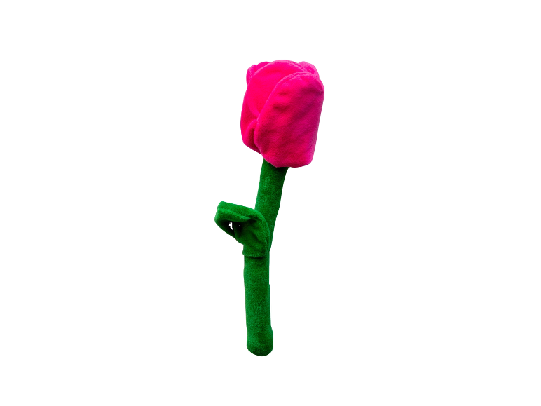 Plyšová hračka v tvare ružového tulipánu.