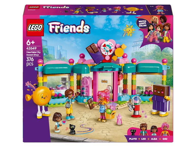 Sada LEGO Friends Heartlake City Sweet Shop s 376 dielikmi, zobrazujúca obchod so sladkosťami a minifigúrky.