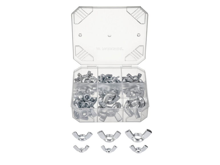 Škatuľa s rôznymi maticami, vrátane krídlových matíc