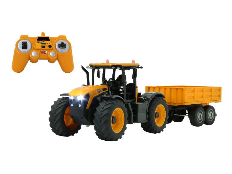 Diaľkovo ovládaný traktor JCB s prívesom, detská hračka.