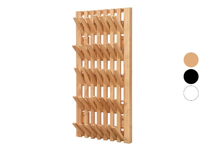 Drevený nástenný vešiak s viacerými skladacími háčikmi, farba prírodného dreva.