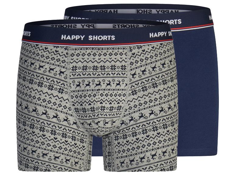 Dvoje boxeriek Happy Shorts, jedny sivé so vzorom sobov a druhé jednofarebné tmavomodré.