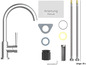 Chrómová kuchynská batéria s vysokou výtokovou rúrou, dvoma hadicovými prípojkami a montážnym materiálom.