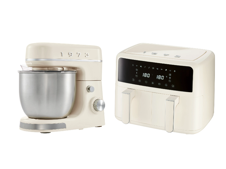 SILVERCREST® Teplovzdušná fritéza + Kuchynský robot Retro 1973, krémová