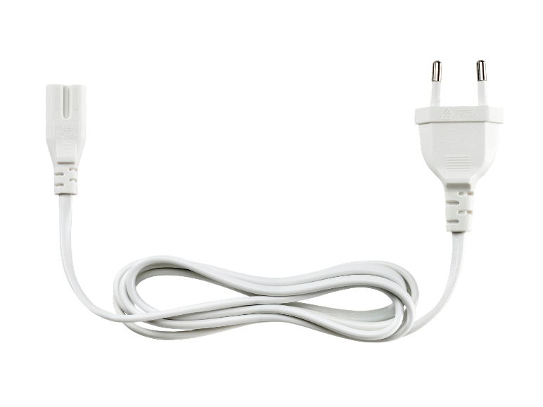 Biely napájací kábel s európskou zástrčkou.