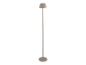 Moderná taupe stojaca lampa s okrúhlou základňou a zvonovitým tienidlom.