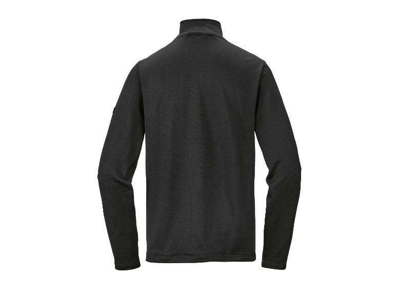 Čierna mikina s dlhým rukávom a golierom na zips, pohľad zozadu.