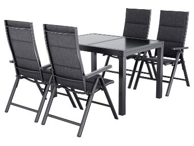 LIVARNO® Hliníkový rozťahovací záhradný stôl Houston/Toronto, 120 – 180 x 89 x 75 cm + Záhradné hliníkové kreslo Toronto, 4 kusy