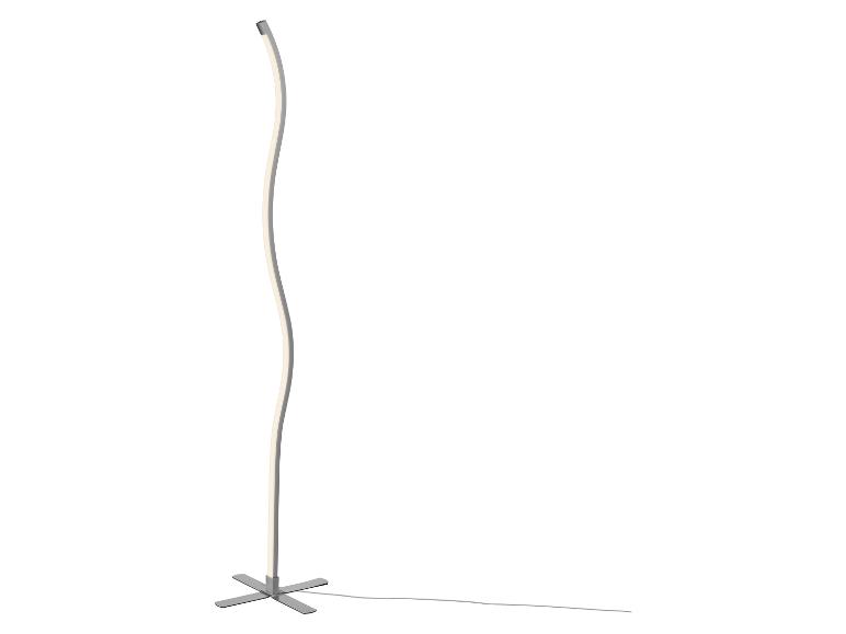 Moderná LED stojacia lampa s vlnitým dizajnom a základňou v tvare X.