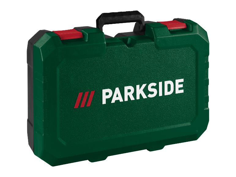 Zelený kufor na náradie Parkside s čiernymi a červenými akcentmi