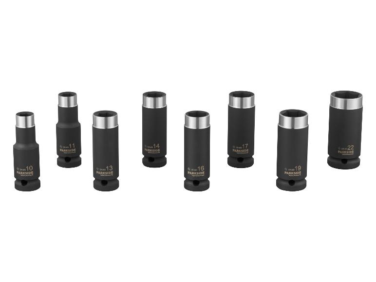 Sada ôsmich čiernych nástrčných kľúčov, od 10 mm do 22 mm, so striebornými vrchmi.
