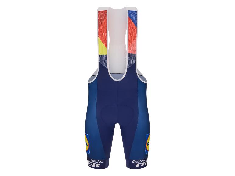 Cyklistické nohavice Santini Trek-Segafredo, tmavomodré, farebný dizajn.