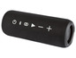 Čierny prenosný Bluetooth reproduktor s tlačidlami na ovládanie hlasitosti, prehrávania a pauzy.